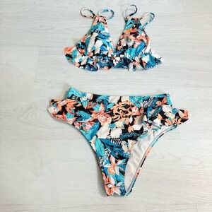 Floral High Rise Bikini Set with Ruffle Details